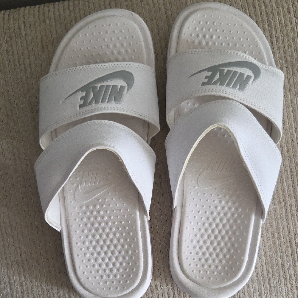 Nike White and Gray Slide Sandals